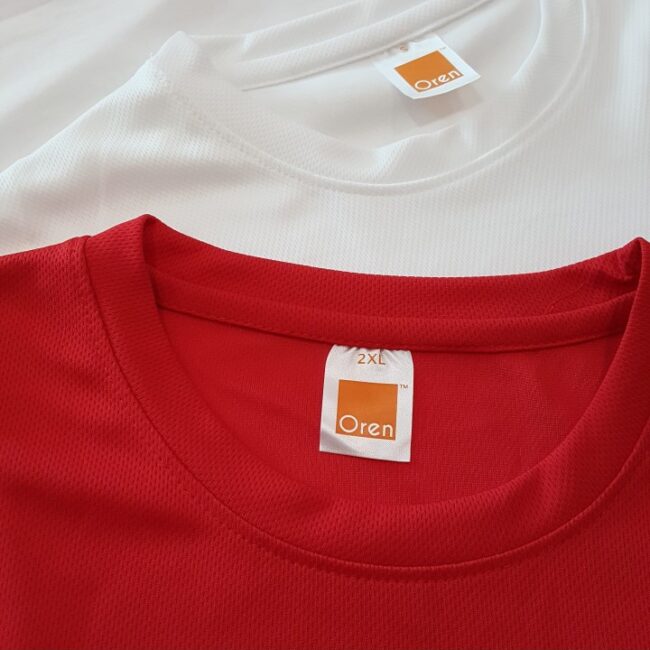 Genuine Oren neck labels on quick dry microfibre tees